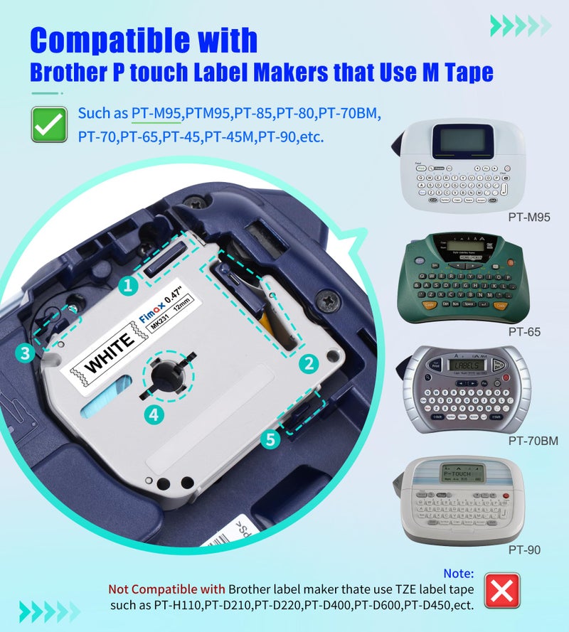 فيماكس M-K231 بديل لشريط Brother M 12 مم 0.47 بوصة أبيض M-K231s MK231s M231 شريط ملصقات بديل لـ Brother PTouch PT-M95 PT-90 PT-70 PT-65 PT-60 PT-45 عبوات صانع الملصقات 3 عبوات - Image 2